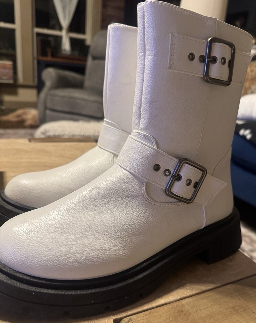 Women’s Leather White/Black Mid-Calf Biker Boots Double Buckle Side Zip US 8-1/2
